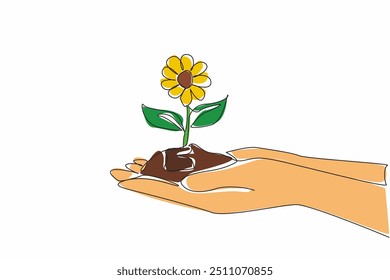 Linha única contínua desenhando duas mãos segurando um monte de solo com plantas floridas. Mostrando preocupação com o meio ambiente. Ecologização. Plante um Dia de Flor. Ilustração de vetor de design de uma linha