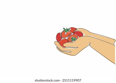Single continuous line drawing two palms carrying some tomatoes. Harvest some fresh fruits that are rich in vitamin C. Healthy. Organic. National Agriculture Day. One line design vector illustration