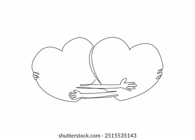 Single continuous line drawing two hearts embrace each other. Interlinked. Trust each other. Give each other comfort. Giving warmth of heart. National Hug Day. One line design vector illustration