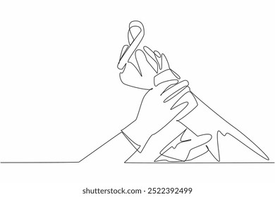 Single continuous line drawing two arms compressing another person's arm wound with cloth. Medical care and support. Combating disease. Self-Injury Awareness Day. One line design vector illustration