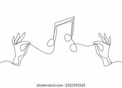 Single continuous line drawing two hands holding the string and the middle forming a tone symbol. The power of music to connect people. World Music Therapy Day. One line design vector illustration