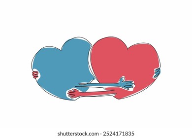 Single continuous line drawing two hearts embrace each other. Interlinked. Trust each other. Give each other comfort. Giving warmth of heart. National Hug Day. One line design vector illustration