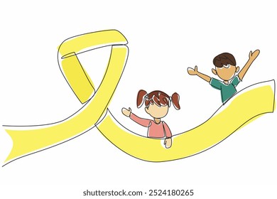 Línea continua que dibuja a dos niños deslizándose por una diapositiva en forma de campaña de cinta. Sentido de alegría y libertad. Optimista. Día Internacional contra el Cáncer Infantil. Ilustración vectorial de diseño de una línea