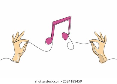 Single continuous line drawing two hands holding the string and the middle forming a tone symbol. The power of music to connect people. World Music Therapy Day. One line design vector illustration