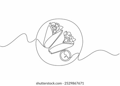 Single continuous line drawing two burritos on a plate and chili sauce in a small bowl. Food containing minced meat. Eaten while warm. Yummy. National Burrito Day. One line design vector illustration