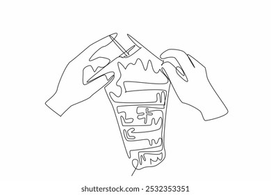 Single continuous line drawing two hands are knitting wool yarn into cloth. Special skills. Not everyone can do it. Exploration. Garment.  National Handmade Day. One line design vector illustration