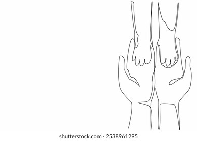 Single continuous line drawing two palms of a person holding two palms of a cat. Building togetherness with the beloved pet cat. Play together. National Pet Day. One line design vector illustration