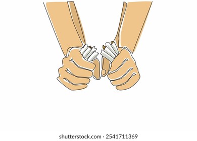 Single continuous line drawing two hands are breaking some cigarettes into 2 pieces. New awareness arises. Destroying the harmful substance nicotine. Stop smoking. One line design vector illustration