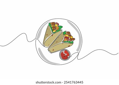 Single continuous line drawing two burritos on a plate and chili sauce in a small bowl. Food containing minced meat. Eaten while warm. Yummy. National Burrito Day. One line design vector illustration