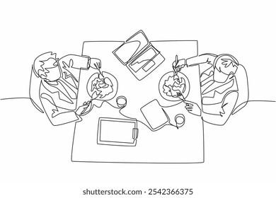 Línea continua única que dibuja dos hombres de negocios están comiendo en la mesa del comedor. Preparación para una reunión mientras almuerzo. Importante. Día Nacional de Hacer que el Almuerzo Cuente. Ilustración vectorial de diseño de una línea