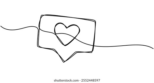 Single continuous line drawing two stacked callouts, one of which has a heart symbol. Expression of feelings. Praise, Romantic phone call with heart inside speech bubble icon vector, White pills.