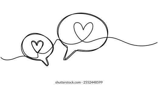 Single continuous line drawing two stacked callouts, one of which has a heart symbol. Expression of feelings. Praise, Romantic phone call with heart inside speech bubble icon vector, White pills.