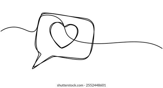 Single continuous line drawing two stacked callouts, one of which has a heart symbol. Expression of feelings. Praise, Romantic phone call with heart inside speech bubble icon vector, White pills.