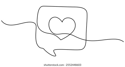 Single continuous line drawing two stacked callouts, one of which has a heart symbol. Expression of feelings. Praise, Romantic phone call with heart inside speech bubble icon vector, White pills.