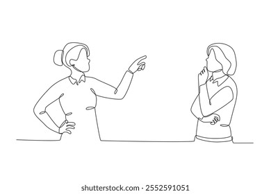 Single continuous line drawing of Two employees are talking and discussing. Dynamic single line draw design graphic vector illustration.
