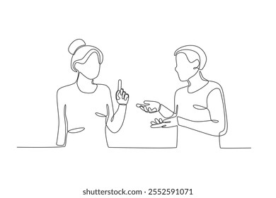 Single continuous line drawing of Two employees are talking and discussing. Dynamic single line draw design graphic vector illustration.
