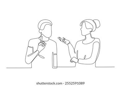 Single continuous line drawing of Two employees are talking and discussing. Dynamic single line draw design graphic vector illustration.
