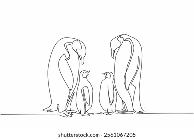 Single continuous line drawing two adult penguins standing facing each other and two chicks. The discussion of the emperors. Summer migration. World Penguin Day. One line design vector illustration