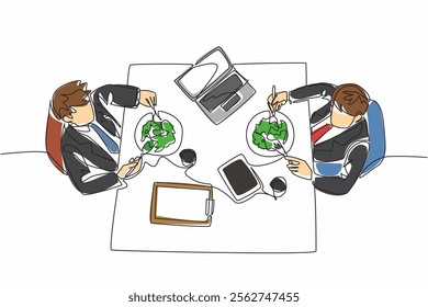 Single continuous line drawing two businessmen are eating at the dining table. Preparing for a meeting while having lunch. Important. National Make Lunch Count Day. One line design vector illustration