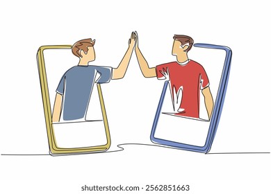 Single continuous line drawing two men with their bodies partially sticking out of smartphones then high-fiving. The goodness of technology. National High Five Day. One line design vector illustration