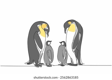 Single continuous line drawing two adult penguins standing facing each other and two chicks. The discussion of the emperors. Summer migration. World Penguin Day. One line design vector illustration