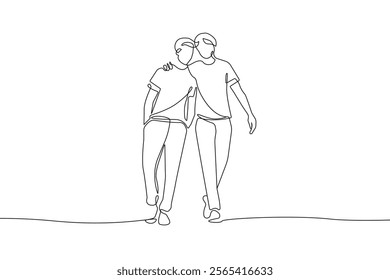 Single Continuous Line Drawing of Two Young Men Couple Walking Together. Friendship Concept One Line Vector Drawing for Minimal Design. Not AI