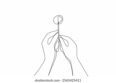 Single continuous line drawing two hands are holding a dandelion. A whole dandelion that has not yet become brittle in the wind. Gesture of hope. World Wish Day. One line design vector illustration