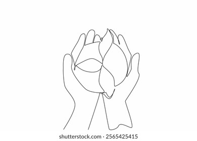 Single continuous line drawing two hands holding a newly grown tree with its soil. People who care about the environment. Presenting trees. Go green. Day of Trees. One line design vector illustration