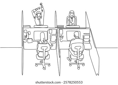 Single continuous line drawing two female and two male employees work at their respective workstations. Busy morning for workers. Responsible. National Cubicle Day. One line design vector illustration