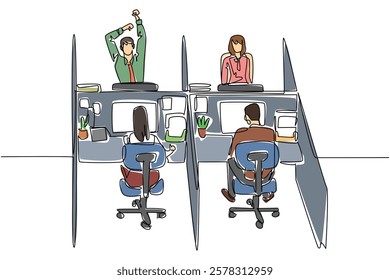 Single continuous line drawing two female and two male employees work at their respective workstations. Busy morning for workers. Responsible. National Cubicle Day. One line design vector illustration