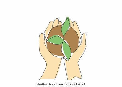 Single continuous line drawing two hands holding a newly grown tree with its soil. People who care about the environment. Presenting trees. Go green. Day of Trees. One line design vector illustration