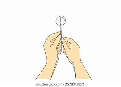 Single continuous line drawing two hands are holding a dandelion. A whole dandelion that has not yet become brittle in the wind. Gesture of hope. World Wish Day. One line design vector illustration