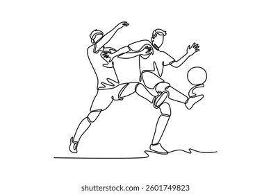 Single continuous line drawing two young football player defender and striker duel for the ball at national stadium. Soccer league competition. Dynamic one line draw graphic design vector illustration