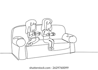 Single continuous line drawing two sisters sitting on the sofa and holding game joystick. Competing in the world of console gaming. Happy holidays. Day of Brother. One line design vector illustration