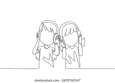 Single continuous line drawing two sisters wearing headphones and each holding a headphone. Share the joy with the favorite music. Swinging rhythm. Day of Brother. One line design vector illustration