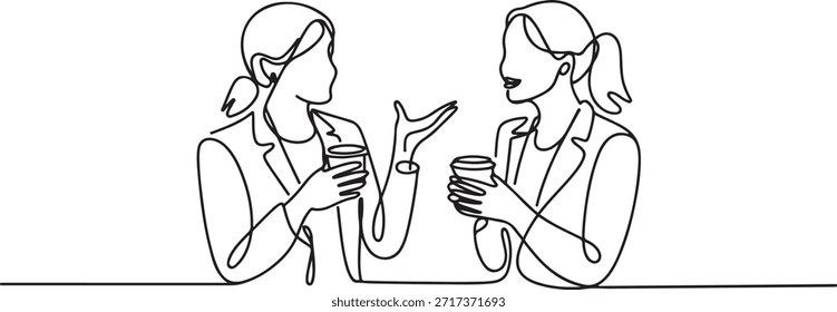 Single continuous line drawing of two young female worker have a casual chat over drink coffee during office break. Having small talk at work concept. one line Icon drawing
