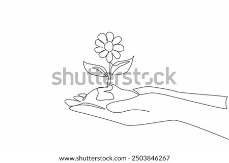 Single continuous line drawing two hands holding a mound of soil with flowering plants. Showing concern for the environment. Greening. National Plant a Flower Day. One line design vector illustration