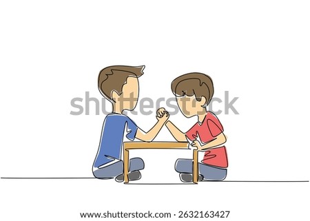Single continuous line drawing two brothers arm wrestling. Train muscle strength from childhood. A good way to look after a little brother. Sport. Day of Brother. One line design vector illustration