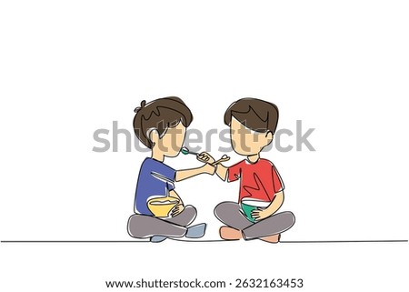 Single continuous line drawing two brothers feeding each other food. Teaching to chew food quickly. Taste the deliciousness together. Brotherhood. Day of Brother. One line design vector illustration