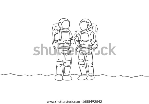 Single continuous line drawing two young
astronaut standing and talking while drinking coffee in moon
surface. Space man cosmic galaxy concept. Trendy one line draw
graphic design vector
illustration