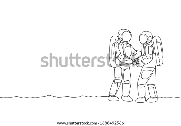 Single continuous line drawing of two young\
astronauts handshake to deal business agreement in moon surface.\
Space man cosmic galaxy concept. Trendy one line draw design vector\
illustration graphic