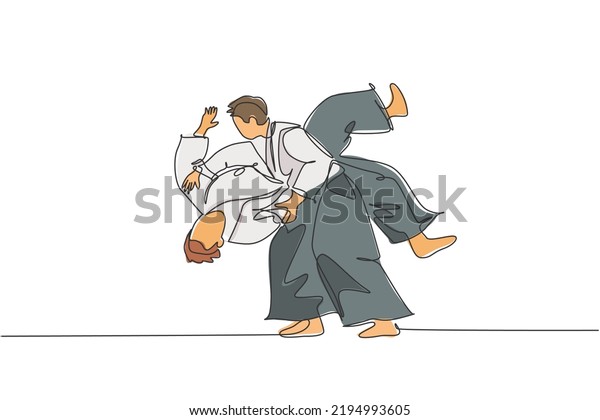 Single continuous line drawing of two young\
sportive man wearing kimono practice slamming in aikido fighting\
technique. Japanese martial art concept. Trendy one line draw\
design vector\
illustration