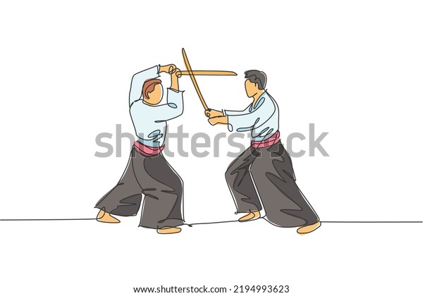 Single continuous line drawing of two\
sportive men wearing kimono practice aikido sparring fight\
technique with wooden sword. Japanese martial art concept. One line\
draw design vector\
illustration