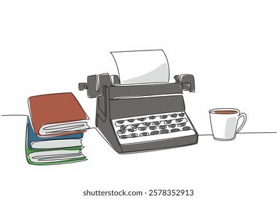 Single continuous line drawing a typewriter with paper and a mug and a pile of books. Books as good inspiration for useful writing. Expert writer. Wordsmith Day. One line design vector illustration