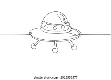 Single continuous line drawing UFO plane toys icon. UFO design concept from Astronomy collection. Cute astronauts flying on UFO spaceship. Dynamic one line draw graphic design vector illustration