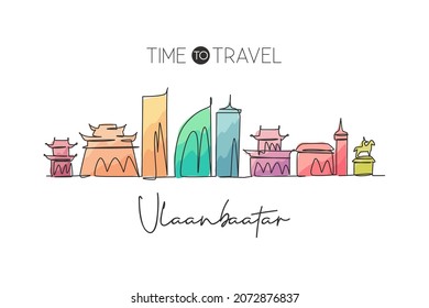 Single continuous line drawing of Ulaanbaatar city skyline, Mongolia. Famous city landscape home wall decor art poster print. World travel concept. Modern one line draw design vector illustration