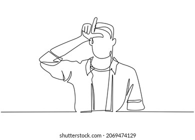 Single continuous line drawing unhappy man showing loser sign on forehead with fingers. Stressed trendy person gesturing hand over head. Male making 'L' symbol. One line draw graphic design vector