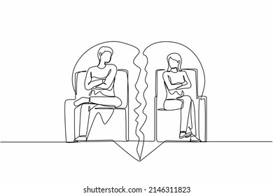 Single continuous line drawing unhappy stubborn couple sit separate on cut couch have family fight or quarrel. Angry mad man and woman lovers avoid ignore talking. One line draw graphic design vector