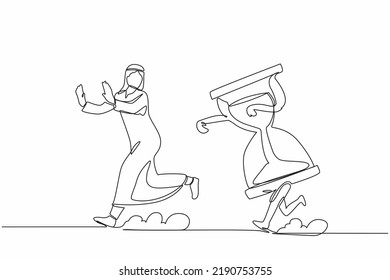 Single continuous line drawing unhappy Arab businessman being chased by hourglass. Manager feeling stress with project deadlines. Minimalism metaphor. One line draw graphic design vector illustration