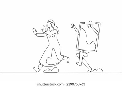 Single continuous line drawing unhappy Arab businessman being chased by clipboard. Manager hurry in deadline checklist of business project. Minimal metaphor. One line draw design vector illustration